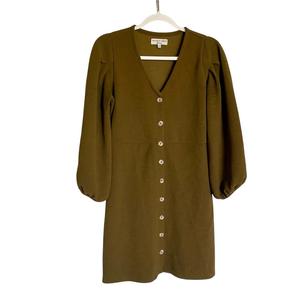 Texture & Thread Preppy Chic V-Neck Seamed Waist Casual Balloon Sleeve Dress